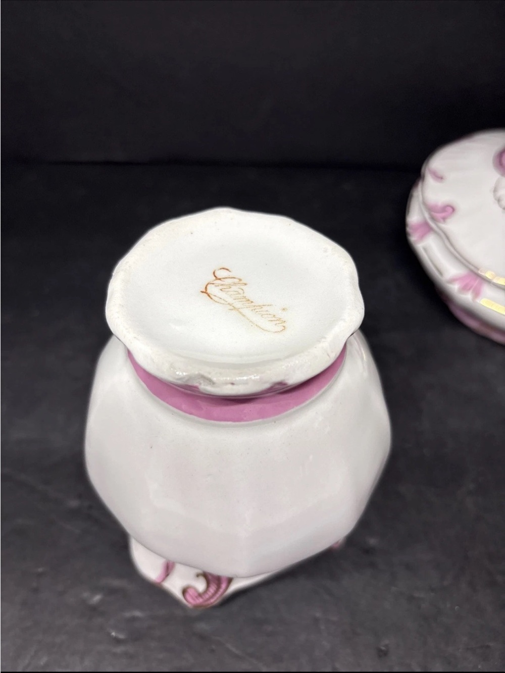 Victorian Vanity Set Pink &White Porcelain Champion Powder Dish & Pitcher - Picture 12 of 15